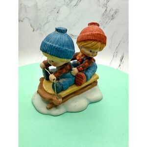 Vintage Enesco Children Sledding 4" Tall Figurine 1980 Winter Scene Ceramic